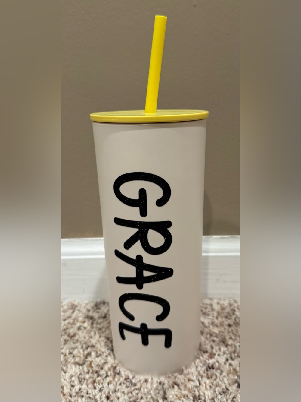 New Cream Travel Tumbler with Black 'GRACE' Lettering and Yellow Lid
